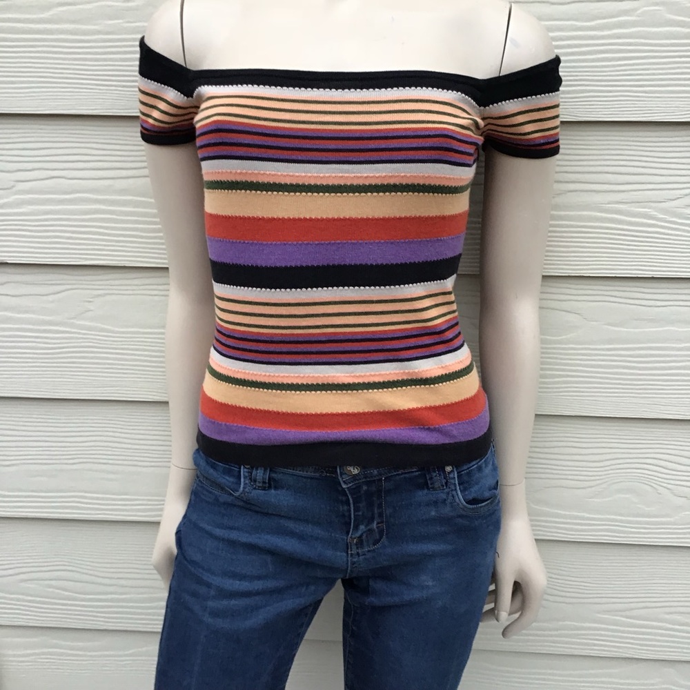 BCBG MaxAzria Off-shoulder Multi-stripe knit top